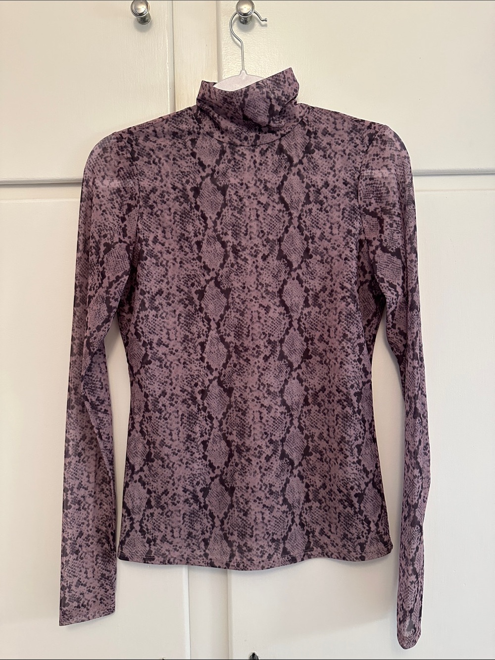 Cinq a Sept Turtleneck Mesh Purple & Black Snakeskin Long Sleeve Top